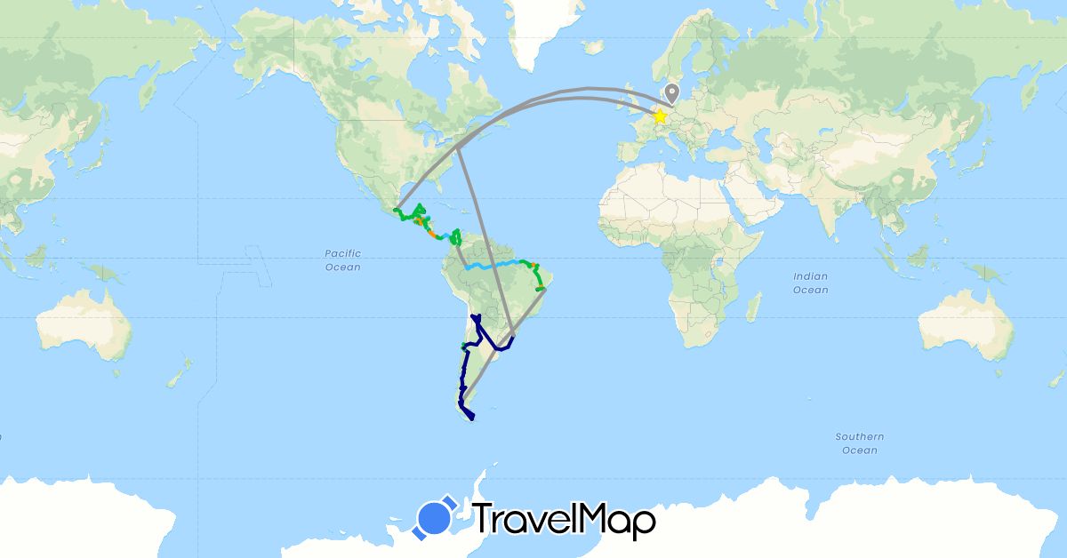 TravelMap itinerary: driving, bus, plane, hiking, boat, hitchhiking in Argentina, Brazil, Chile, Colombia, Costa Rica, Germany, Guatemala, Honduras, Mexico, Nicaragua, Panama, El Salvador, United States, Uruguay (Europe, North America, South America)